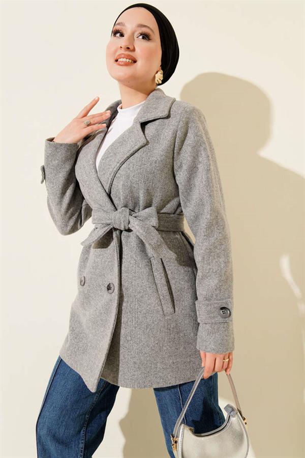 Belted Double-Breasted Short Cashmere Coat Gray