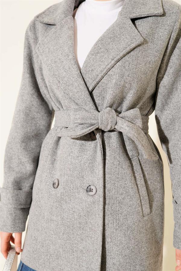 Belted Double-Breasted Short Cashmere Coat Gray