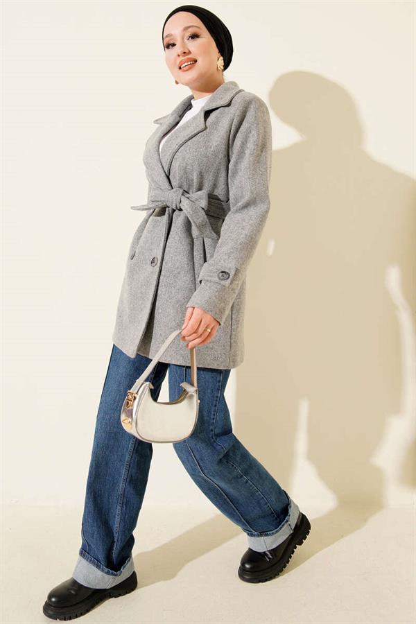 Belted Double-Breasted Short Cashmere Coat Gray