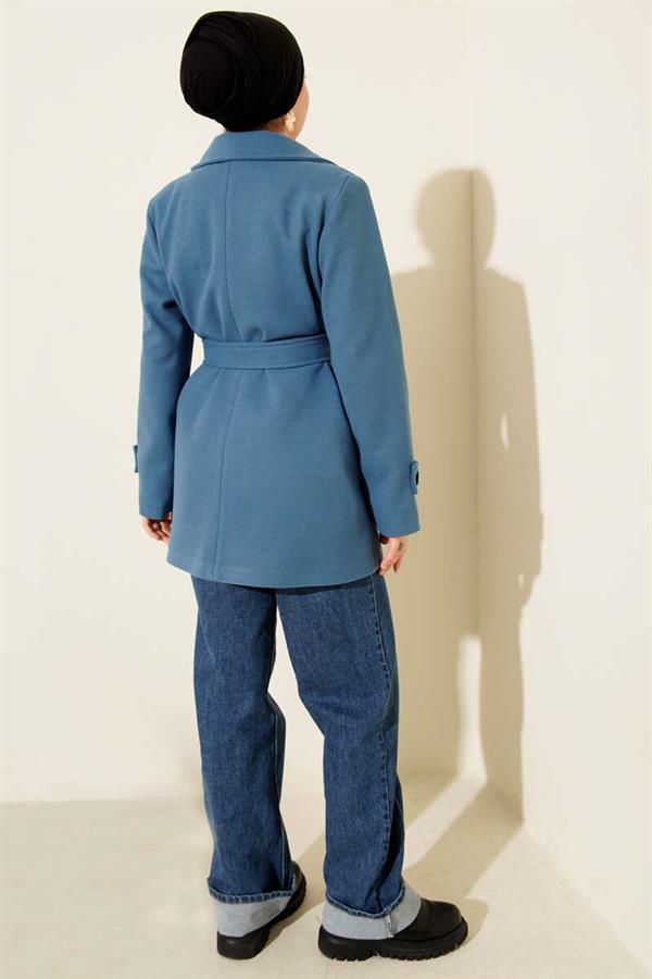 Belted Double-Breasted Short Cashmere Coat Blue