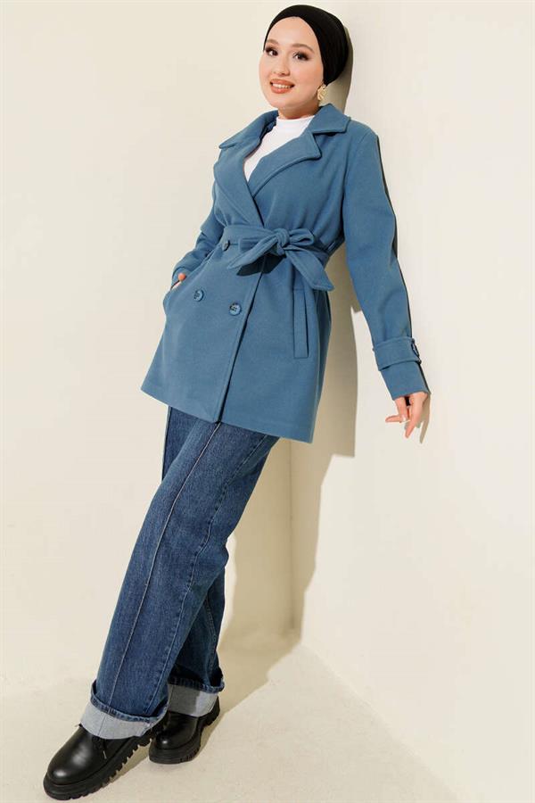 Belted Double-Breasted Short Cashmere Coat Blue
