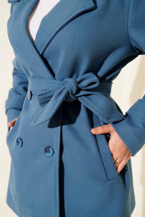 Belted Double-Breasted Short Cashmere Coat Blue