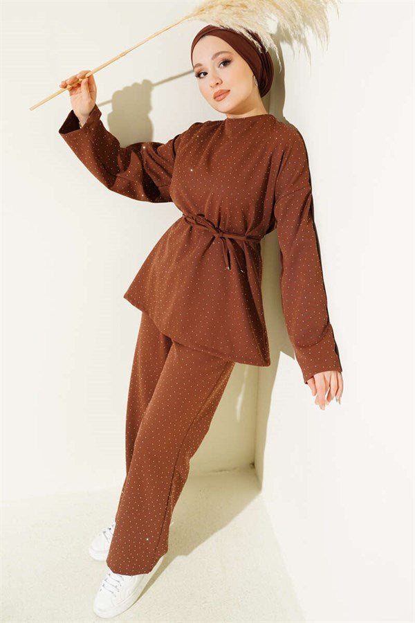 Belted Mini Stone Embellished 2 Piece Set in Coffee Brown
