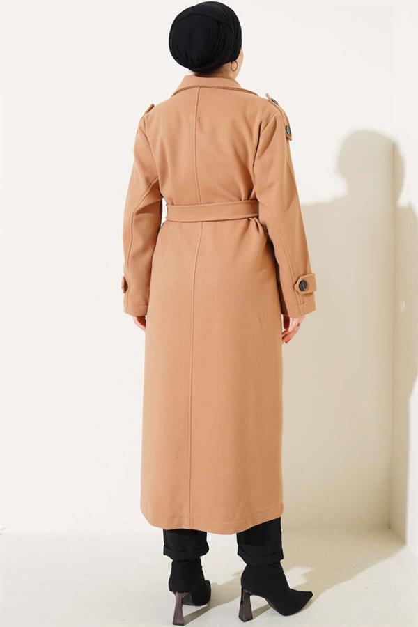 Belted Shoulder Epaulette Long Cashmere Coat Latte