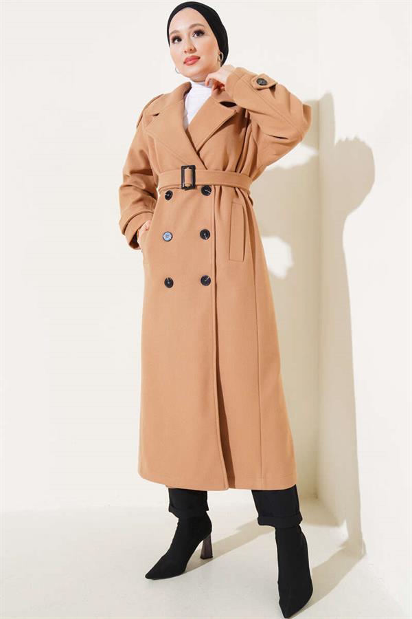 Belted Shoulder Epaulette Long Cashmere Coat Latte