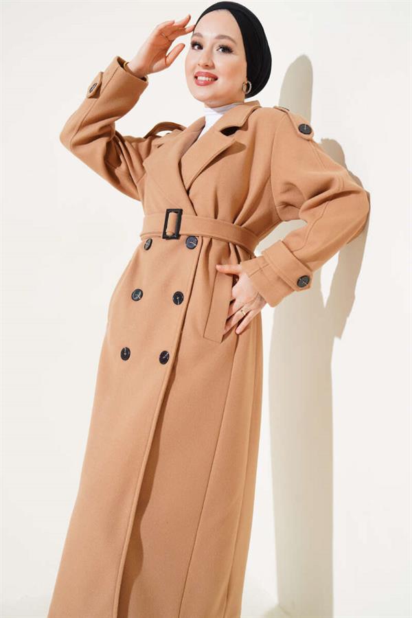 Belted Shoulder Epaulette Long Cashmere Coat Latte