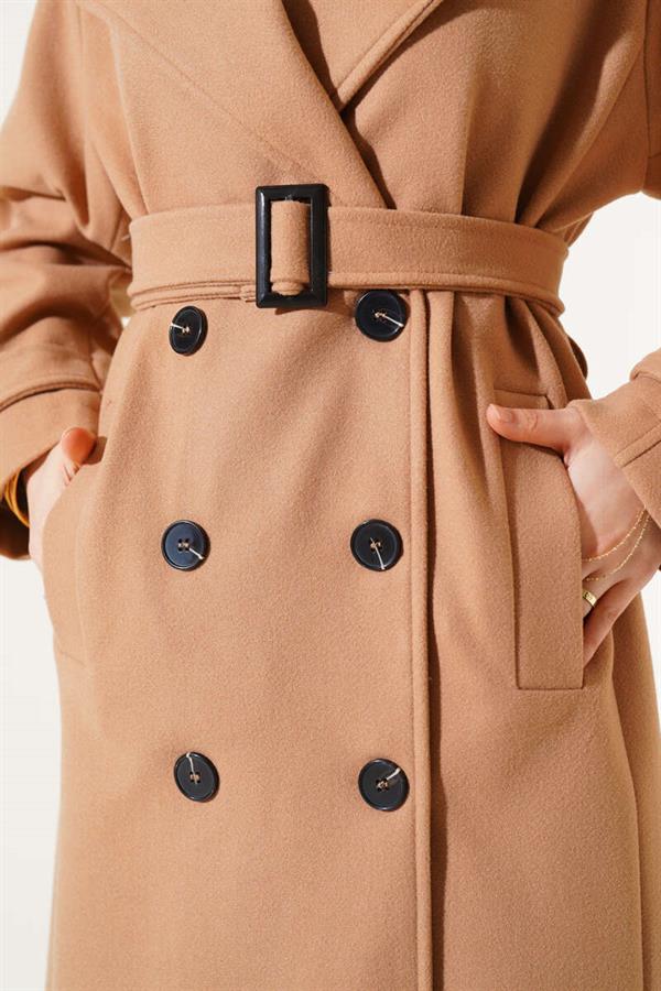 Belted Shoulder Epaulette Long Cashmere Coat Latte