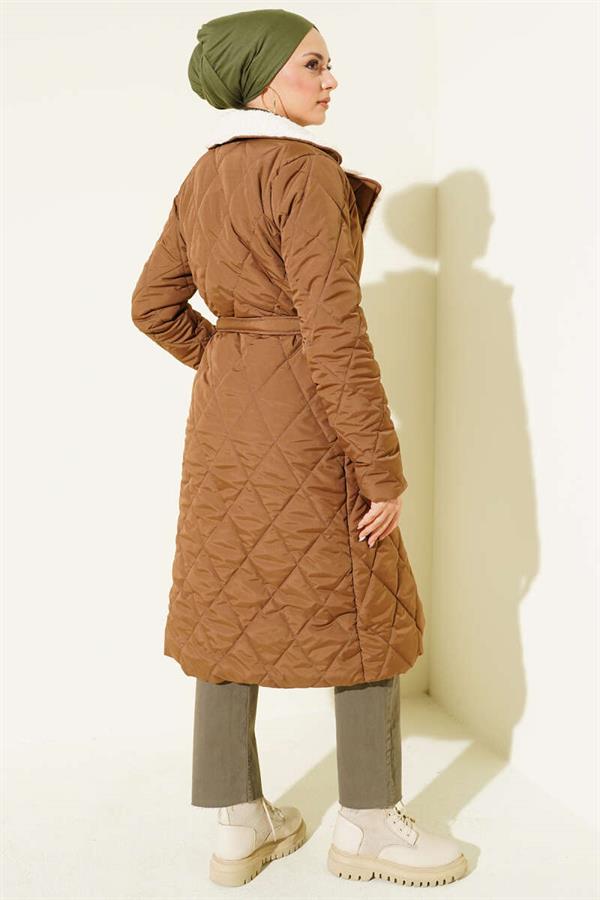 Belted Plush Detailed Quilted Coat Tan