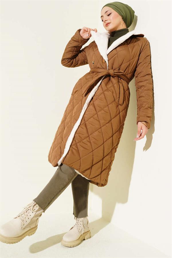 Belted Plush Detailed Quilted Coat Tan
