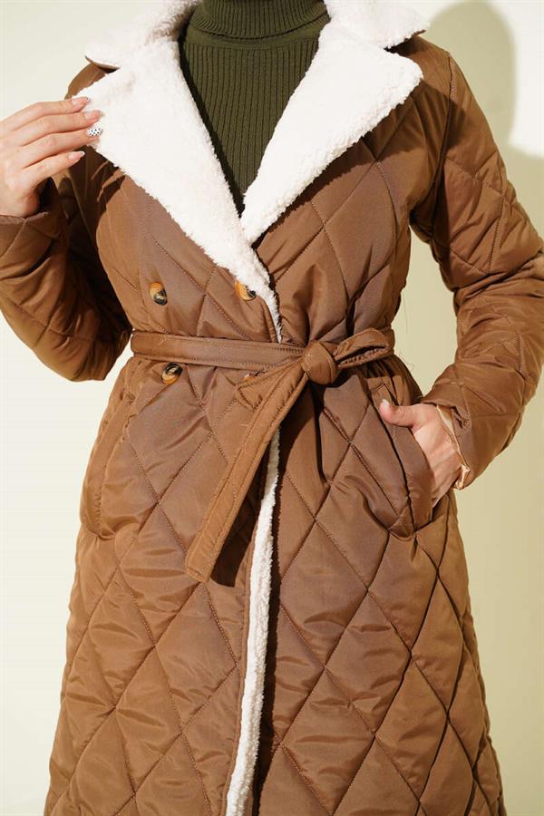Belted Plush Detailed Quilted Coat Tan