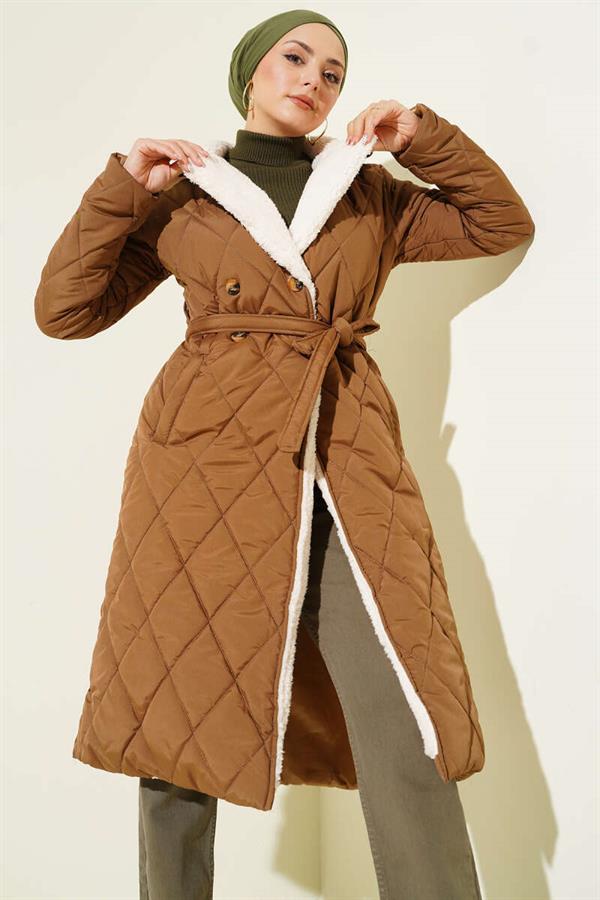 Belted Plush Detailed Quilted Coat Tan
