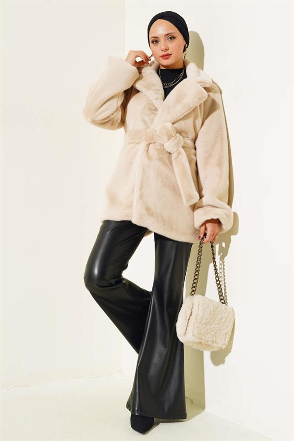 Belted Plush Coat Beige