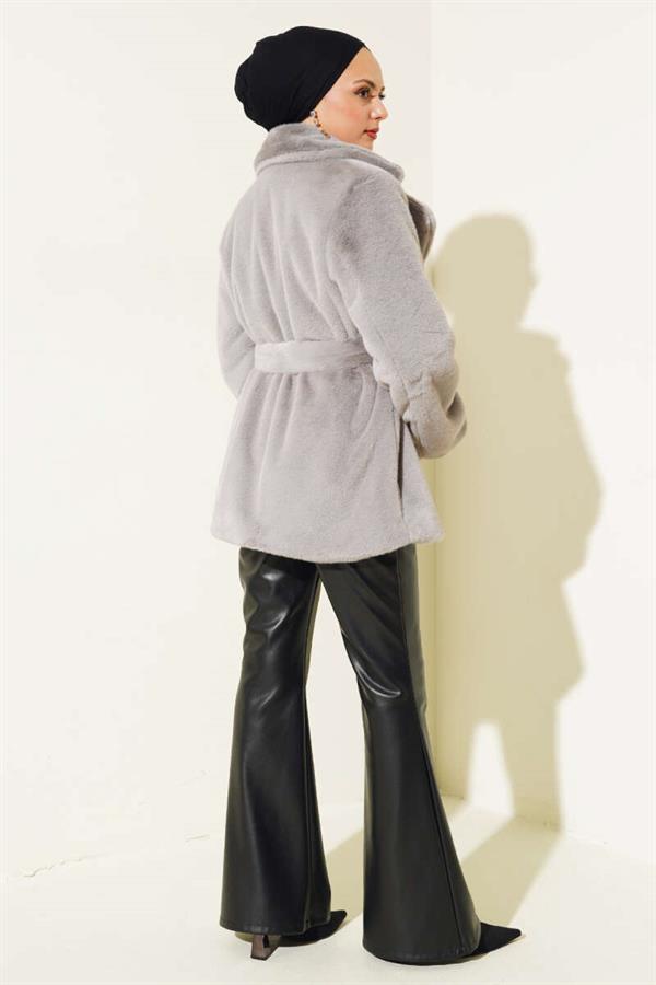 Belted Plush Coat Gray