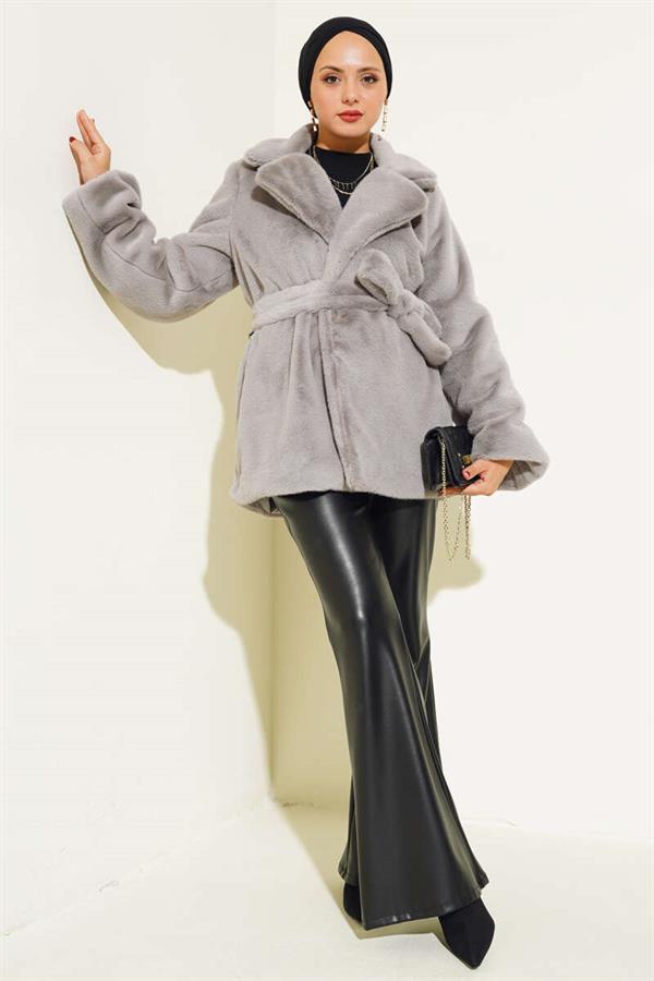 Belted Plush Coat Gray