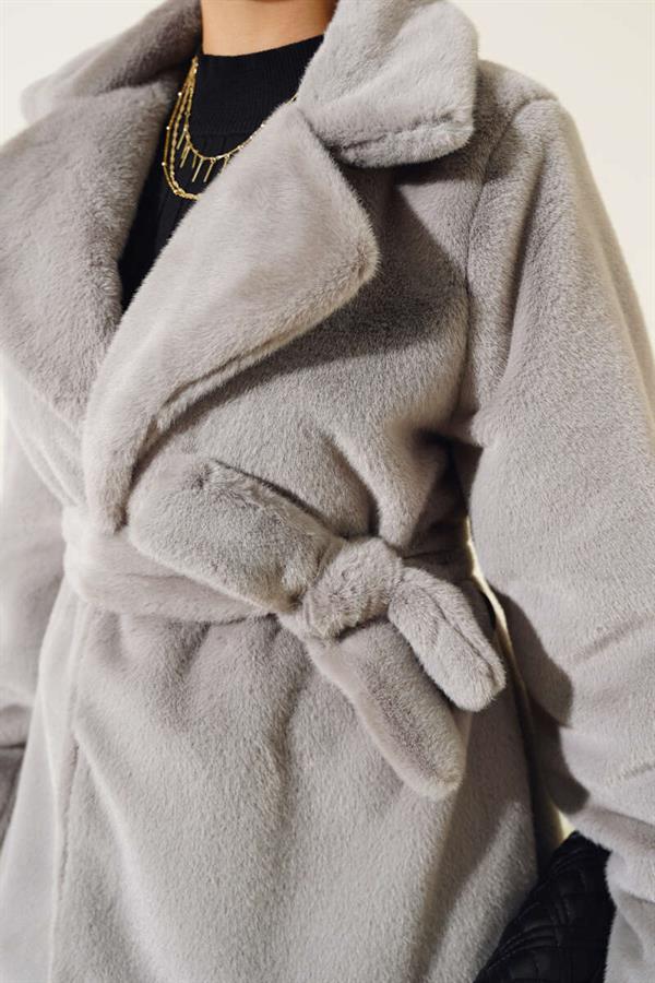 Belted Plush Coat Gray