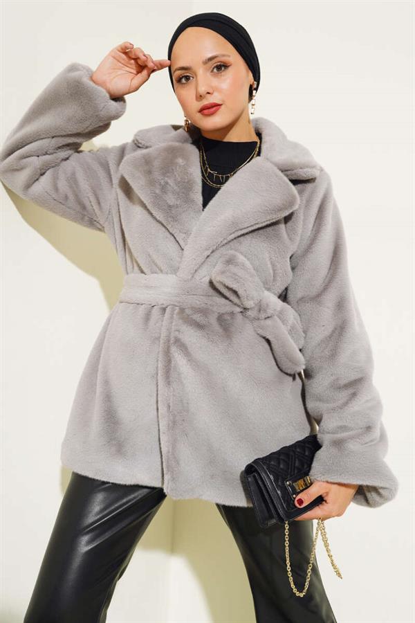 Belted Plush Coat Gray