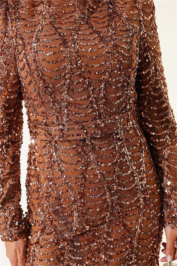 Belted Sequin Evening Dress in Copper