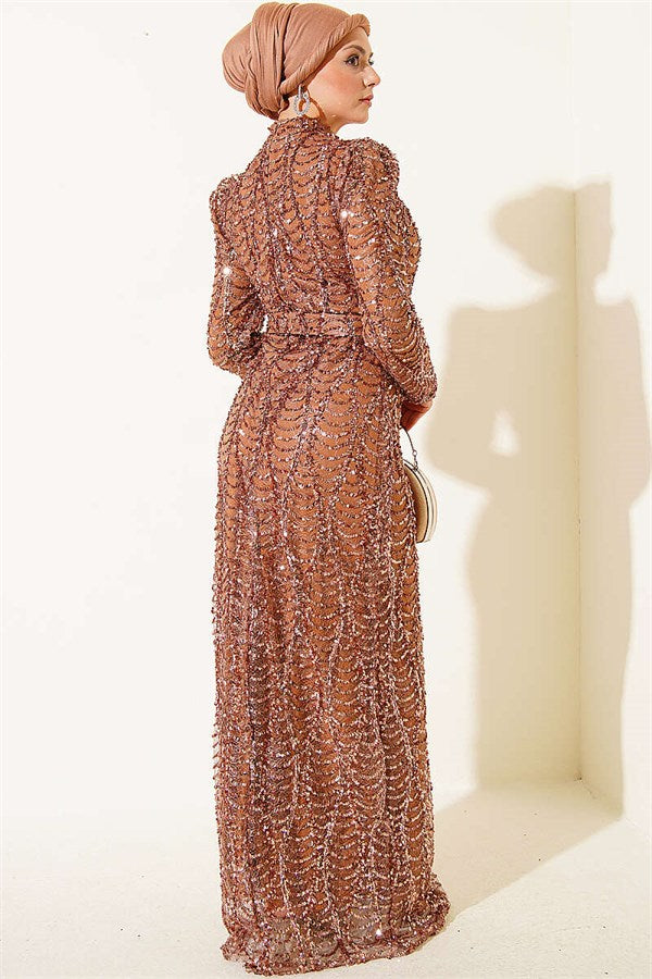 Belted Sequin Evening Dress in Copper