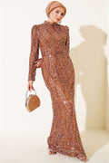 Belted Sequin Evening Dress in Copper