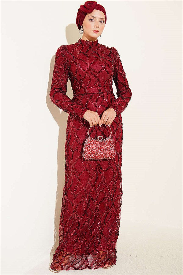 Belted Sequin Evening Dress, Burgundy