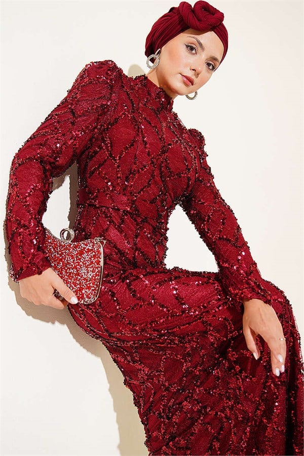 Belted Sequin Evening Dress, Burgundy