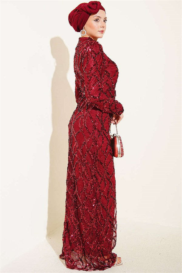 Belted Sequin Evening Dress, Burgundy