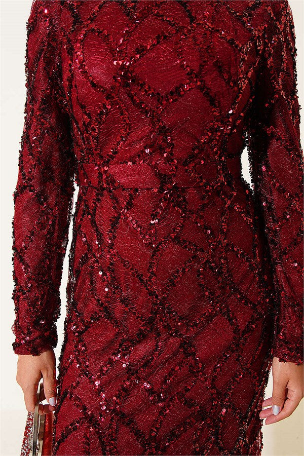 Belted Sequin Evening Dress, Burgundy