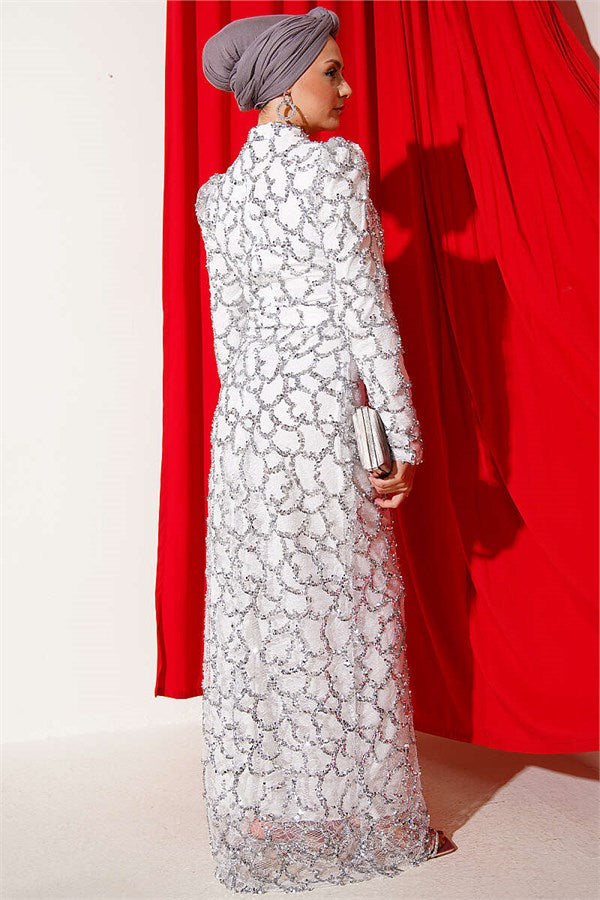 Belted Sequin Evening Dress, Ecru