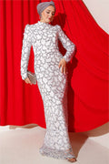 Belted Sequin Evening Dress, Ecru