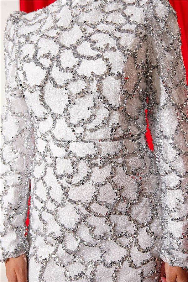 Belted Sequin Evening Dress, Ecru