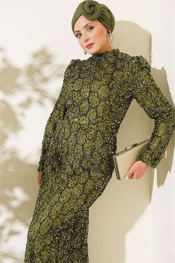 Belted Sequin Evening Dress Khaki