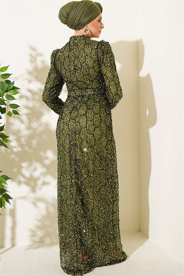 Belted Sequin Evening Dress Khaki