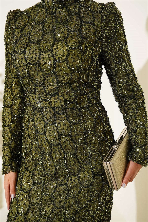 Belted Sequin Evening Dress Khaki