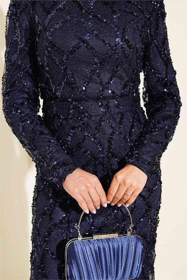 Belted Sequin Evening Dress Navy Blue
