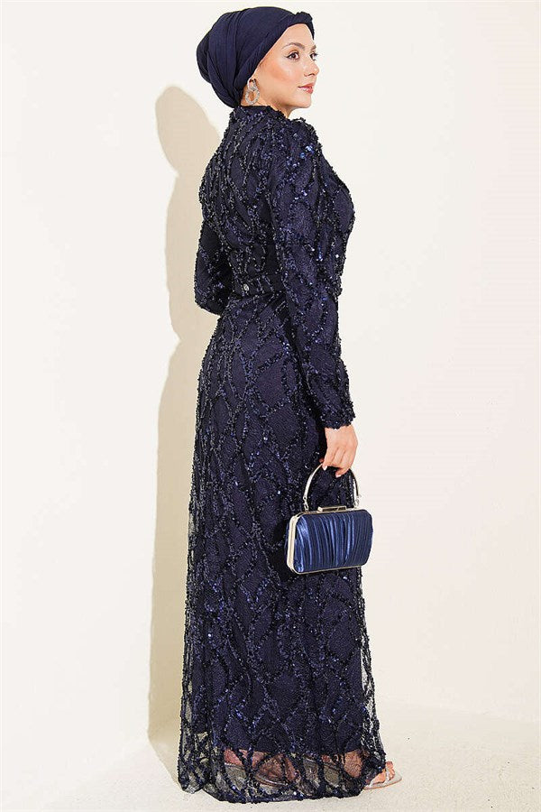 Belted Sequin Evening Dress Navy Blue