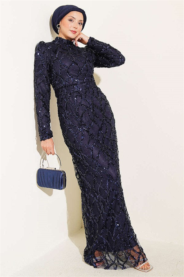 Belted Sequin Evening Dress Navy Blue