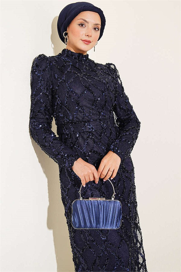 Belted Sequin Evening Dress Navy Blue