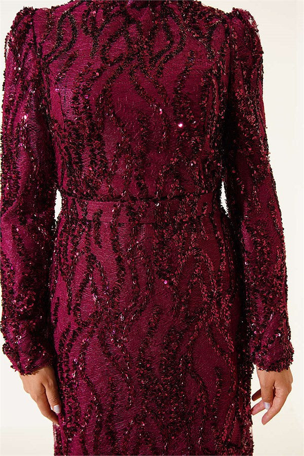 Belted Sequin Evening Dress, Plum