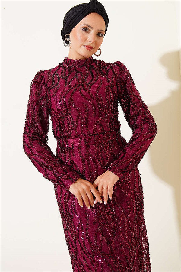 Belted Sequin Evening Dress, Plum