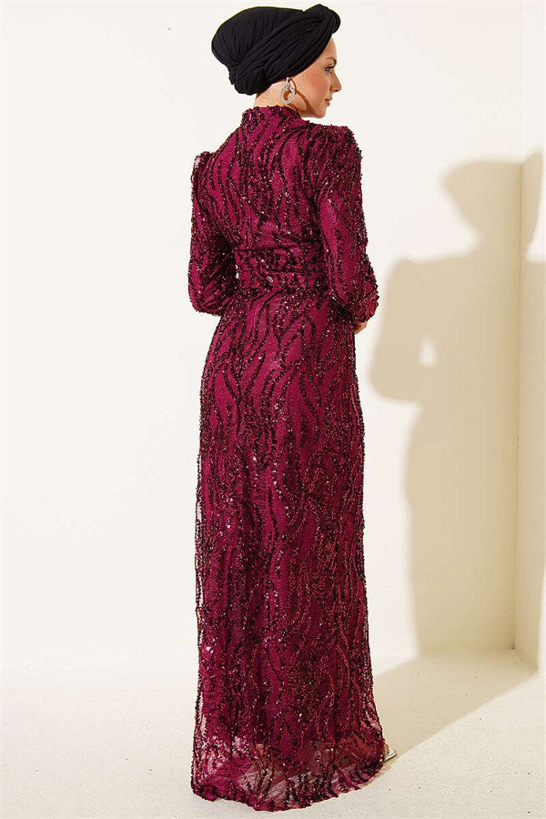 Belted Sequin Evening Dress, Plum