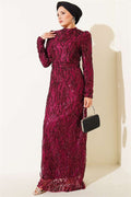 Belted Sequin Evening Dress, Plum