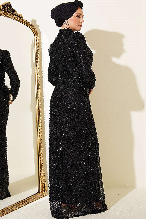 Belted Sequin Evening Dress, Black