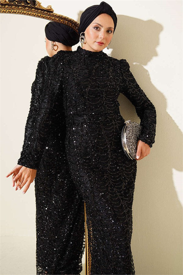 Belted Sequin Evening Dress, Black