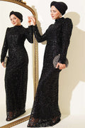 Belted Sequin Evening Dress, Black