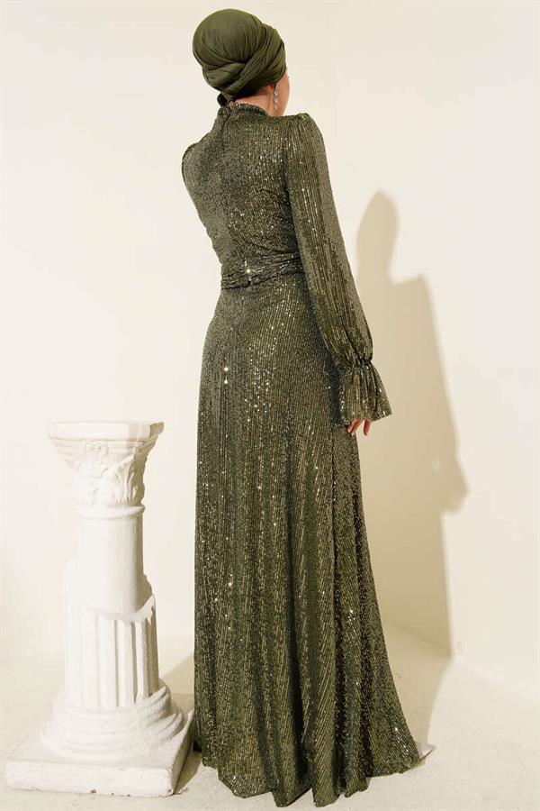 Belted Sequin Detailed Evening Dress Khaki