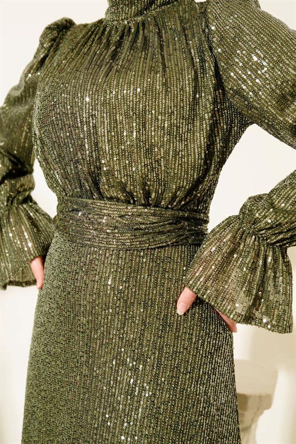 Belted Sequin Detailed Evening Dress Khaki