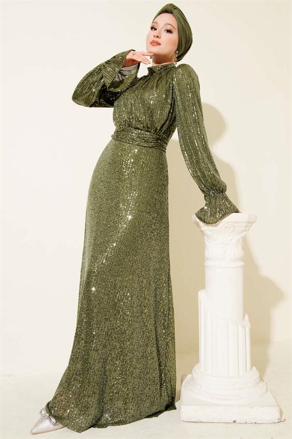 Belted Sequin Detailed Evening Dress Khaki