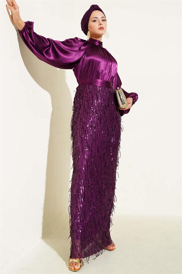 Belted Sequined Evening Dress Plum