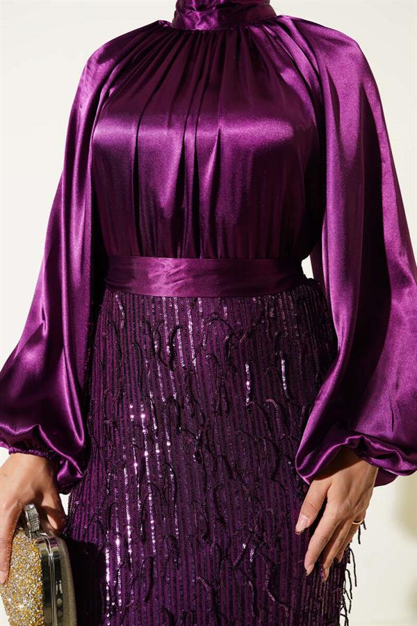 Belted Sequined Evening Dress Plum