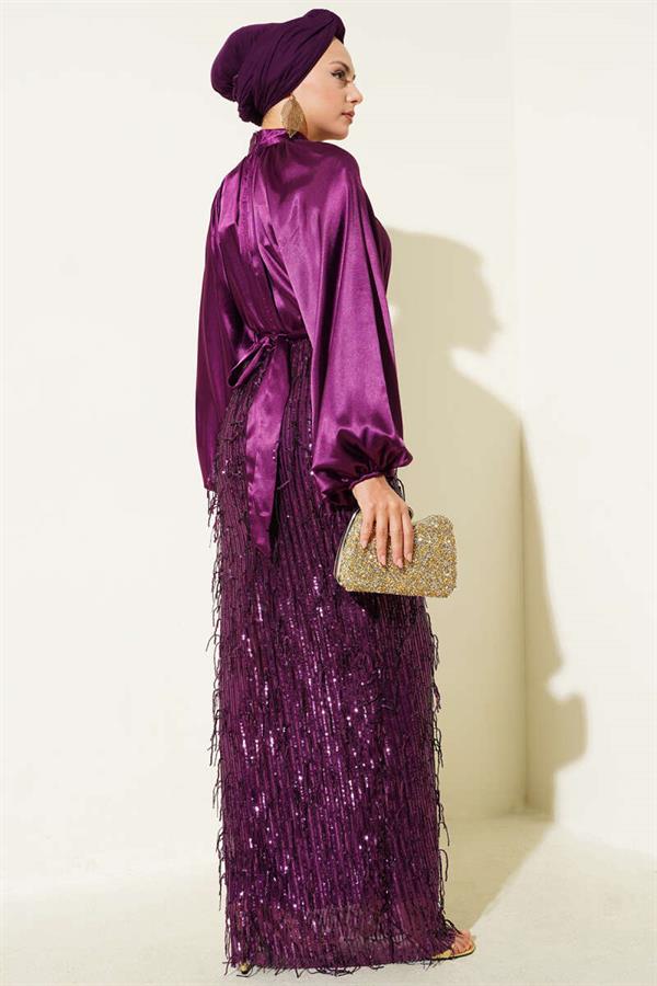 Belted Sequined Evening Dress Plum